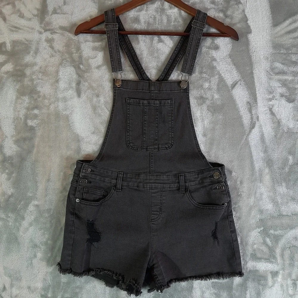 Justice Girls Denim Shortalls 20 Black Distressed Jean Overalls Frayed Hem